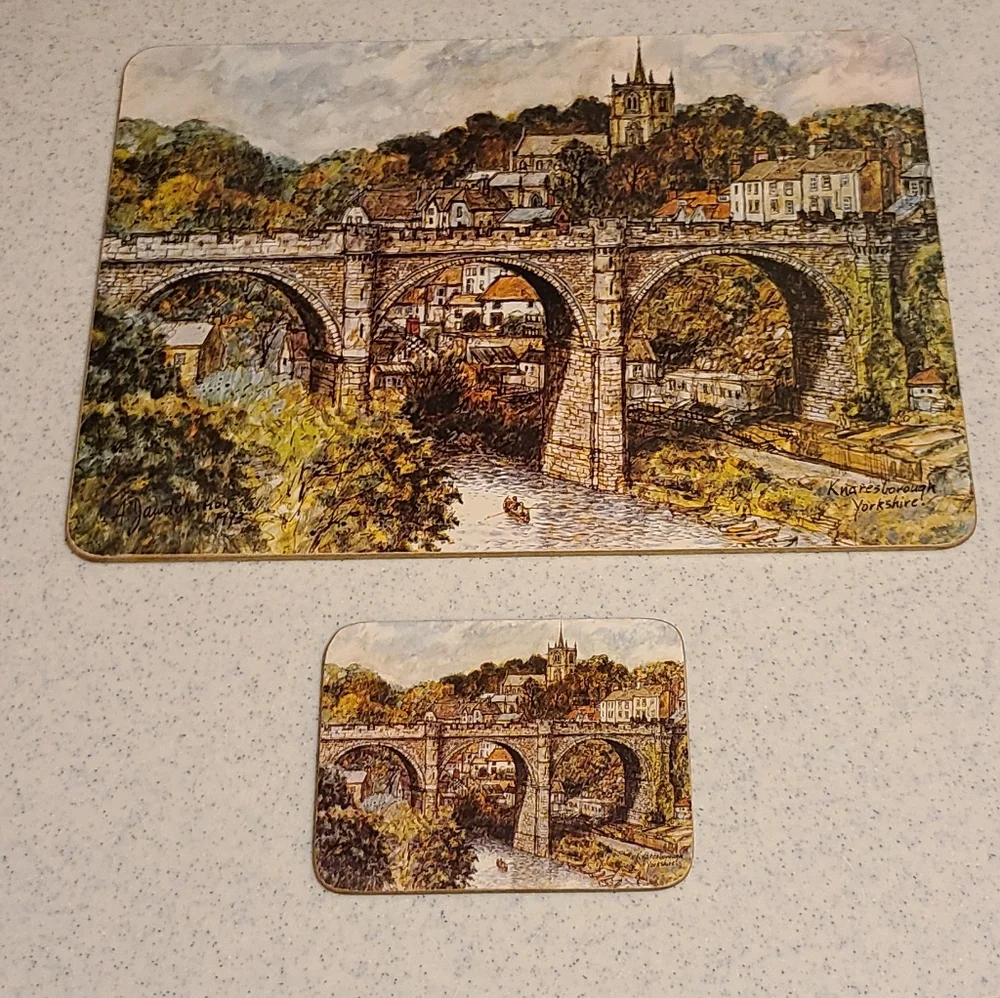 Scenic Bridge Design Dinning Place Setting With Matching Coaster Set
